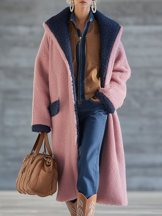 Veste Longue en Polaire Bleu Marine et Rose - Style Nomade Urbain Rétro