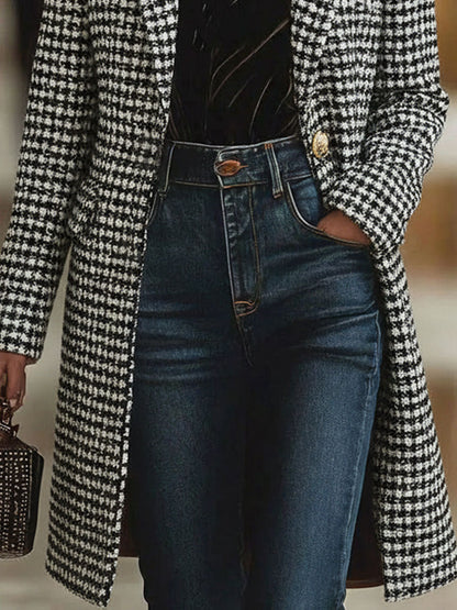 Décontracté Manteau Mi-Long en Tweed à Carreaux avec Col en Fourrure Rétro