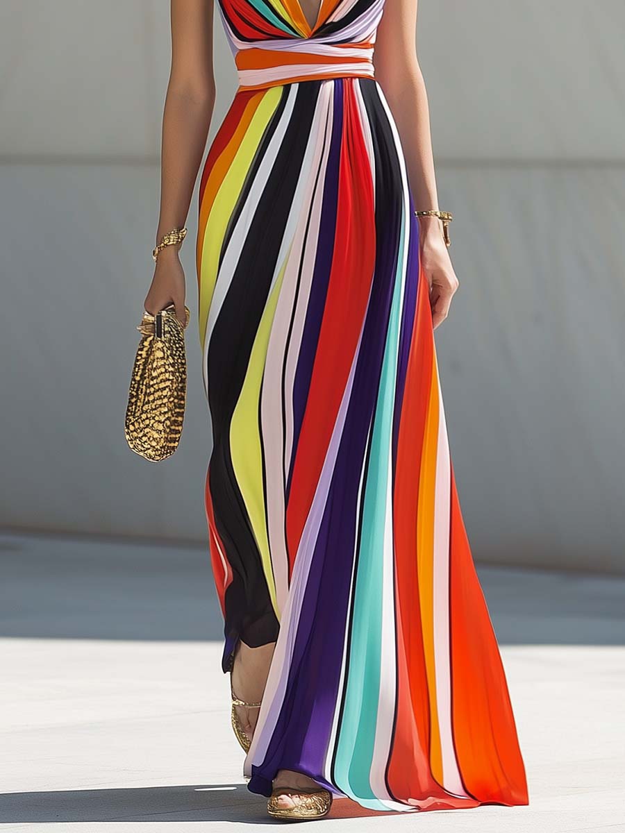 Robe Maxi Chiffon Arc-en-Ciel à Rayures - Décolleté en V Élégant, Expédition en 24 Heures!