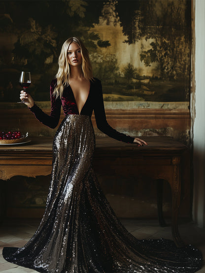 Robe Maxi Élégante en Velours à Sequins - Col V, Expédition Rapide sous 24 Heures