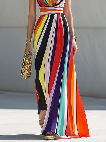 Robe Maxi Chiffon à Rayures Arc-en-Ciel avec Décolleté en V - Expédition Rapide en 24 Heures