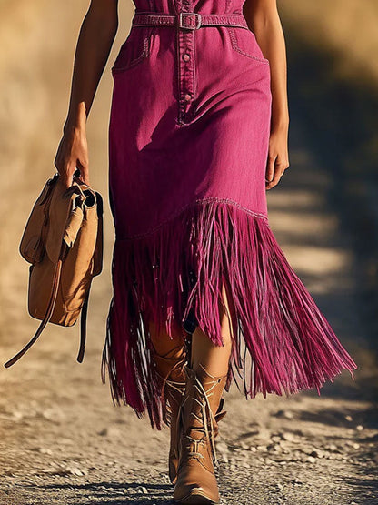 Robe Midi Sans Manches en Denim Fuchsia Rétro : Franges et Lacets - Expédition en 24 Heures !