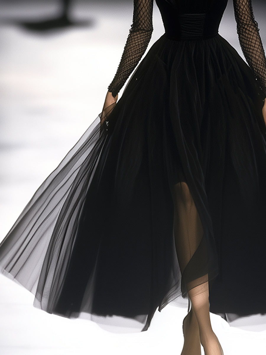 Robe Maxi en Tulle Noir - Élégance Rétro à la Française
