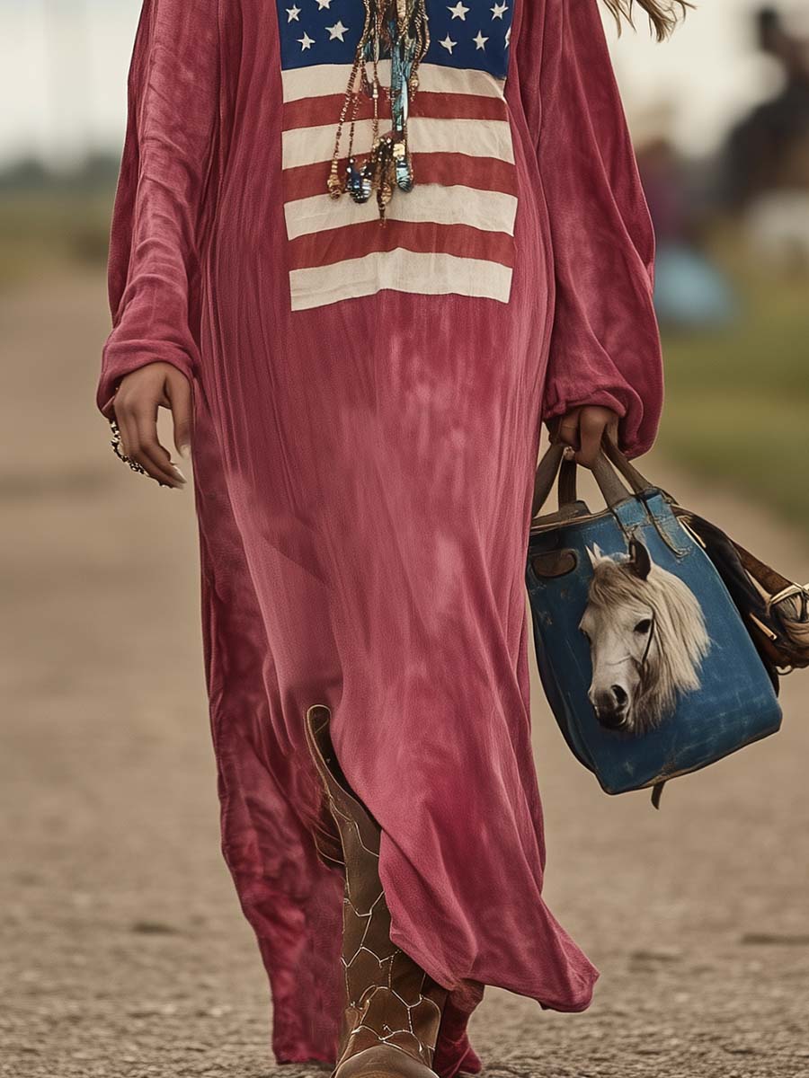 Robe Maxi Décontractée en Coton Rose avec Imprimé Drapeau Vintage - Livraison en 24 Heures