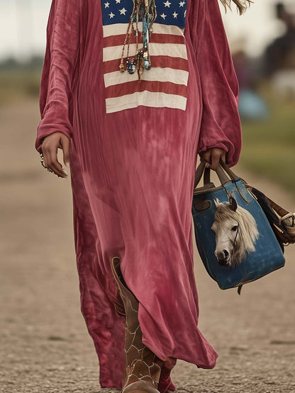 Robe Maxi Décontractée en Coton Rose avec Imprimé Drapeau Vintage - Livraison en 24 Heures