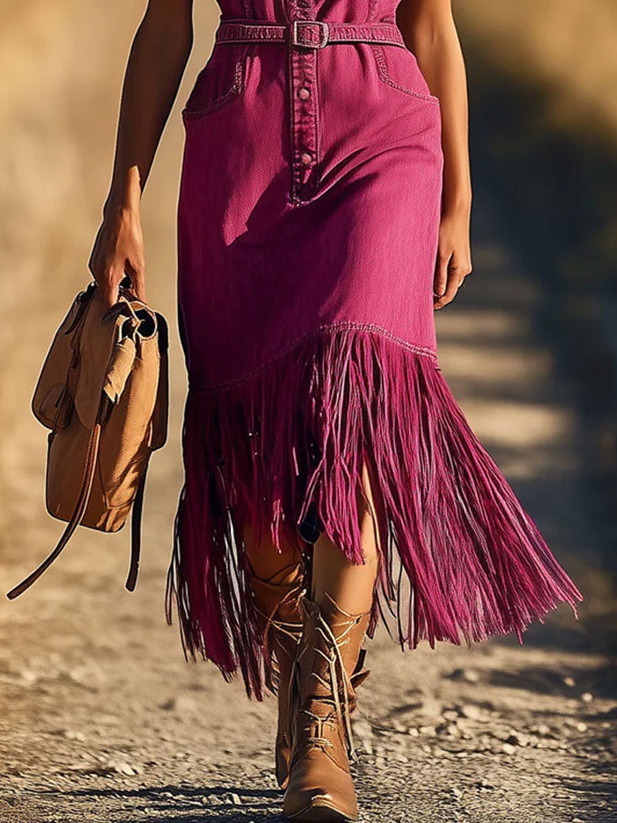 Robe Midi Décontractée en Denim Fuchsia Rétro avec Franges et Lacets - Expédition Rapide sous 24 Heures !