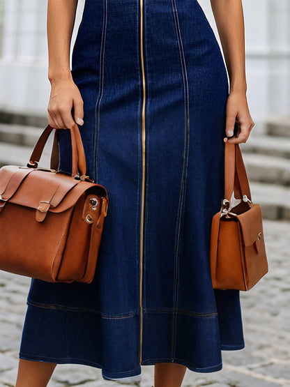 Robe Maxi en Jean Bleu Foncé avec Encolure Ronde et Zip Avant - Livraison en 24 Heures