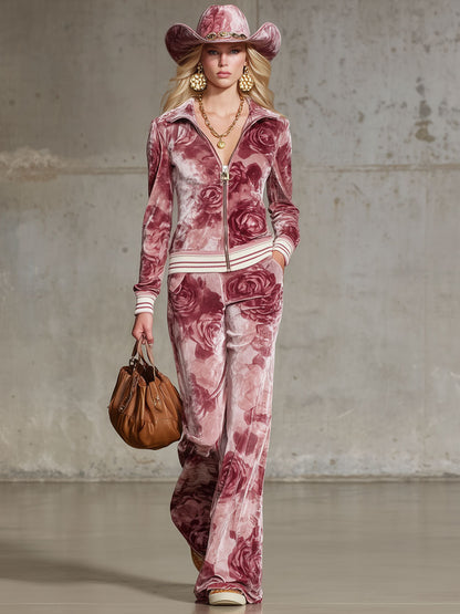Ensemble Chic en Velours Imprimé Rose : Haut à Col Revers et Pantalon Élégant avec Fermeture Éclair