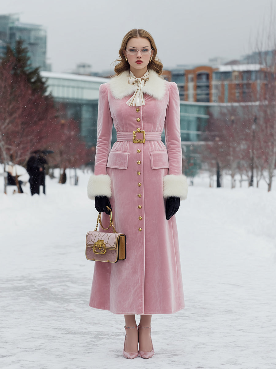 Veste en Velours Rose avec Col et Manches en Fourrure Boutonnées