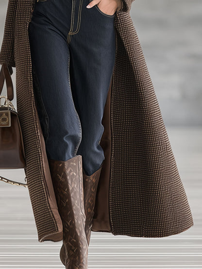 Long Houndstooth Brown Wool Coat - Retro Chic