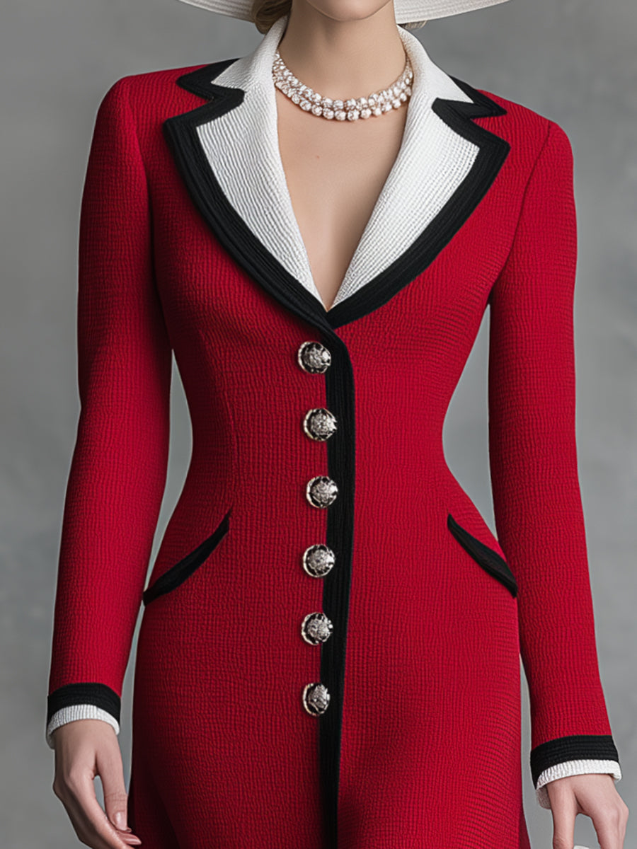 Robe Midi Rouge en Tricot A-ligne : Élégance et Romance avec Col Revers