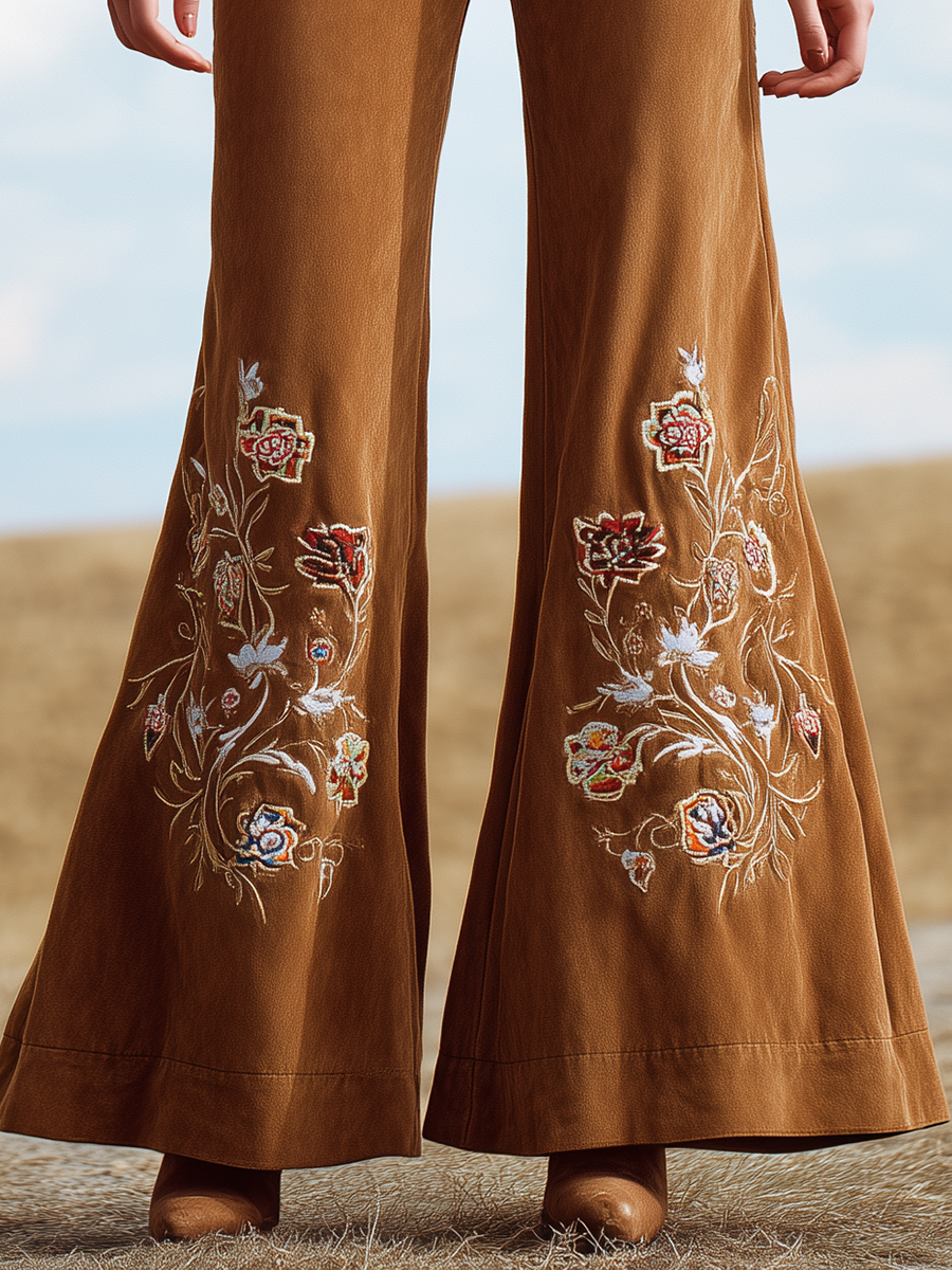 Faux Suède Évasés avec Broderies Florales Vintage