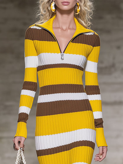 Robe Midi Tricotée à Rayures Rétro avec Fermeture Éclair