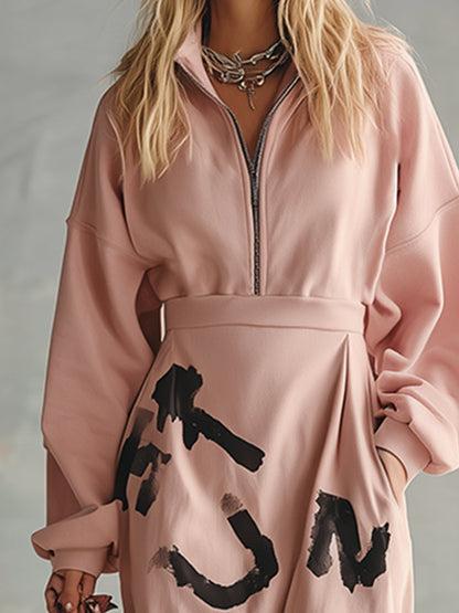Pull Demi-Zip Rose avec Imprimé Urbain Tendance