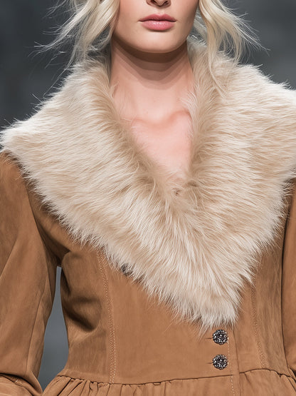 Veste Kaki en Suédine avec Col en Fourrure Rétro et Ourlet Flottant