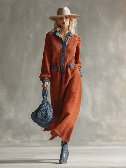 Robe Maxi Orange Tricotée avec Accents en Jean - Élégance Décontractée