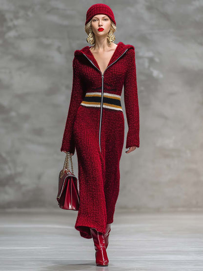 Robe Maxi Tricotée à Capuche avec Fermeture Éclair et Col en V - Rouge Profond