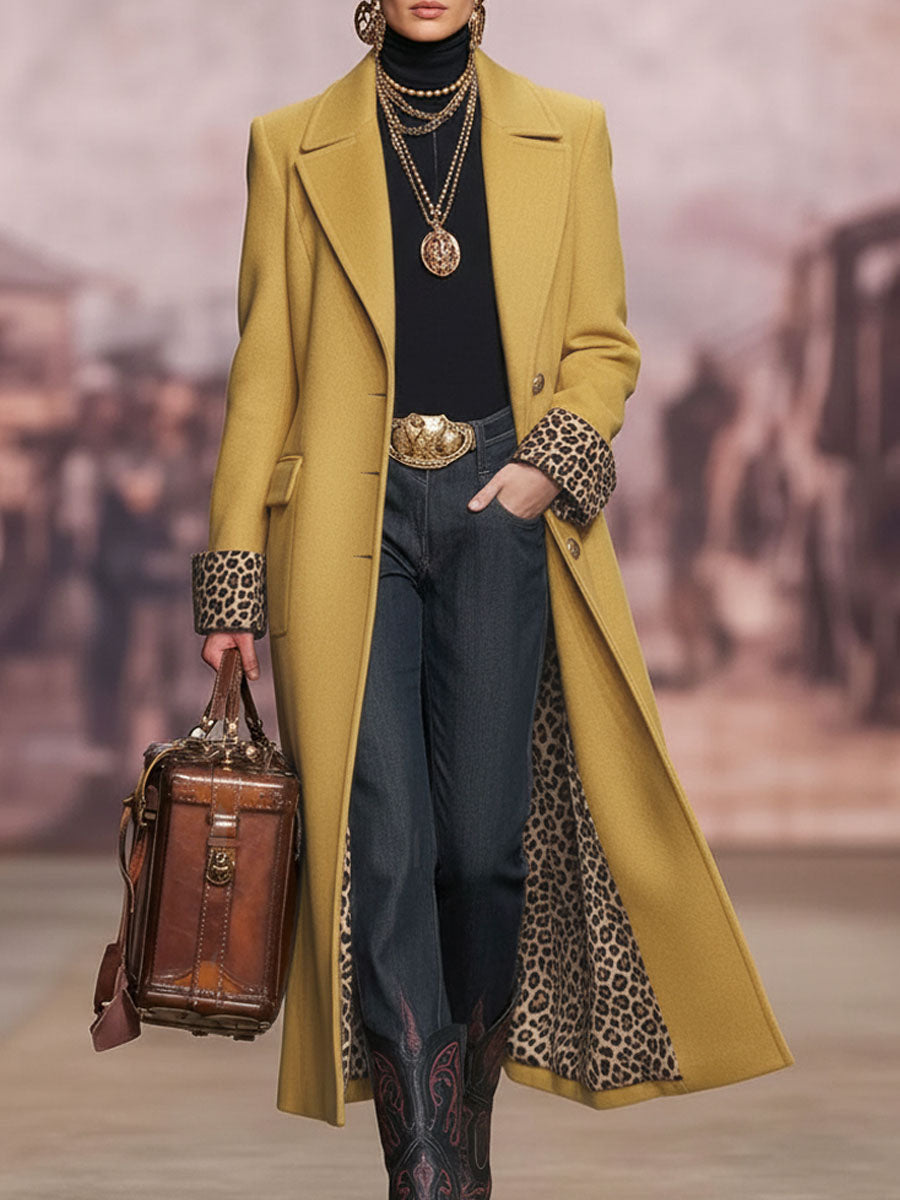 Veste en Laine Imprimée Léopard avec Revers, Boutonnage Élégant et Poches Pratiques