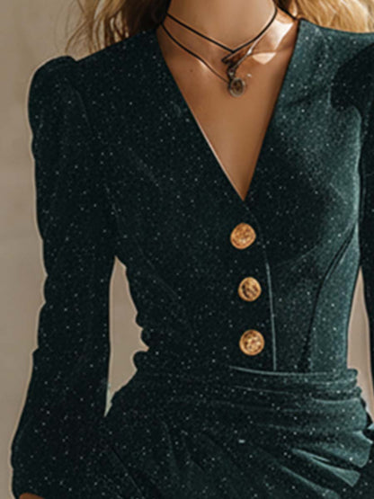 Exquise Robe Midi Longue en Stretch Émeraude Vintage à Manches Longues