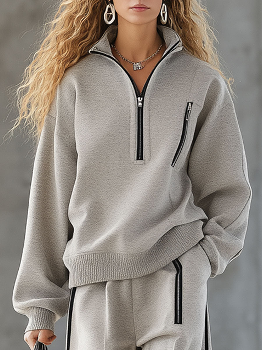 Ensemble Sportif Gris Clair avec Sweat-shirt à Demi-Fermeture Éclair et Pantalon Confort