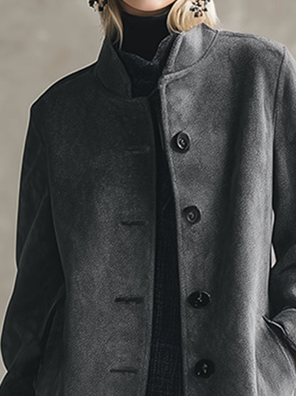 Élégant Manteau en Laine Gris Foncé avec Col Montant Boutonné