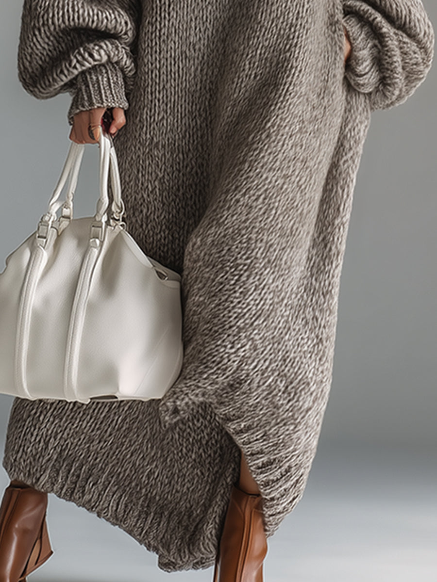 Chic et Urbaine : Robe Maxi Tricotée Khaki à Col Rond