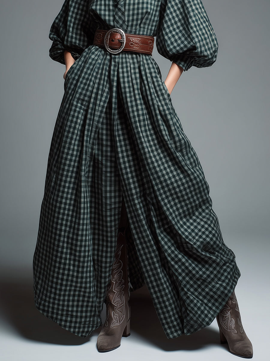 Robe Maxi à Manches Bouffantes en Tartan Vert Vintage