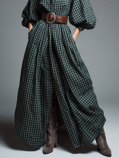 Robe Maxi à Manches Bouffantes en Tartan Vert Vintage