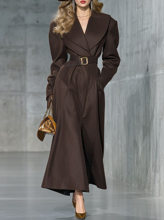 Chic Manteau en Laine Brun Chocolat avec Épaules Oversize