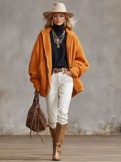 Veste Polaire Orange à Capuche et Fermeture Éclair