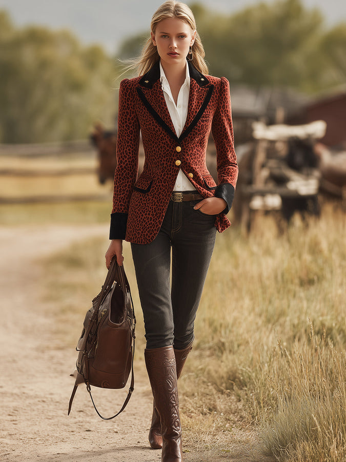 Veste en Velours Marron avec Imprimé Léopard au Style Western Rétro
