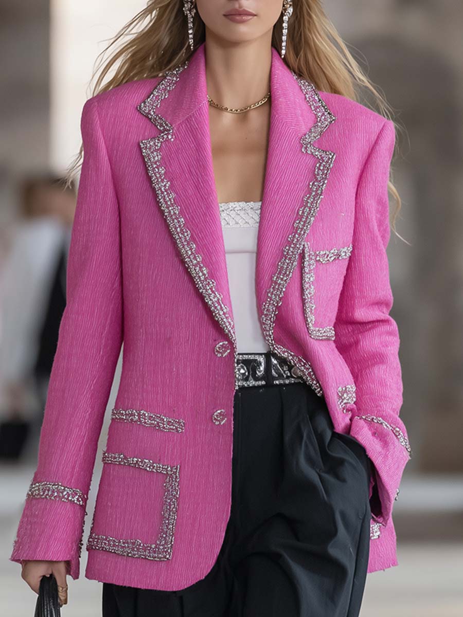 Chic Loose-Fit Chenille Blazer in Vibrant Pink