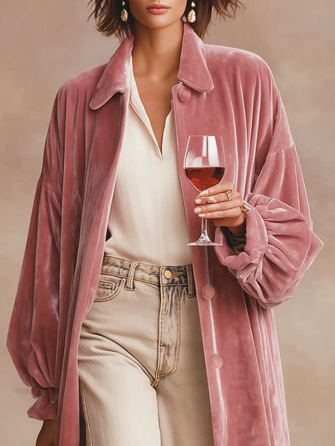 Long Velvet Coat with Chic Collar