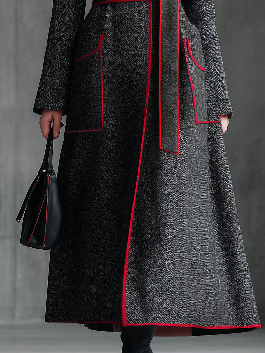 Chic Manteau en Laine Gris à Chevrons avec Détails Rouges Élégants