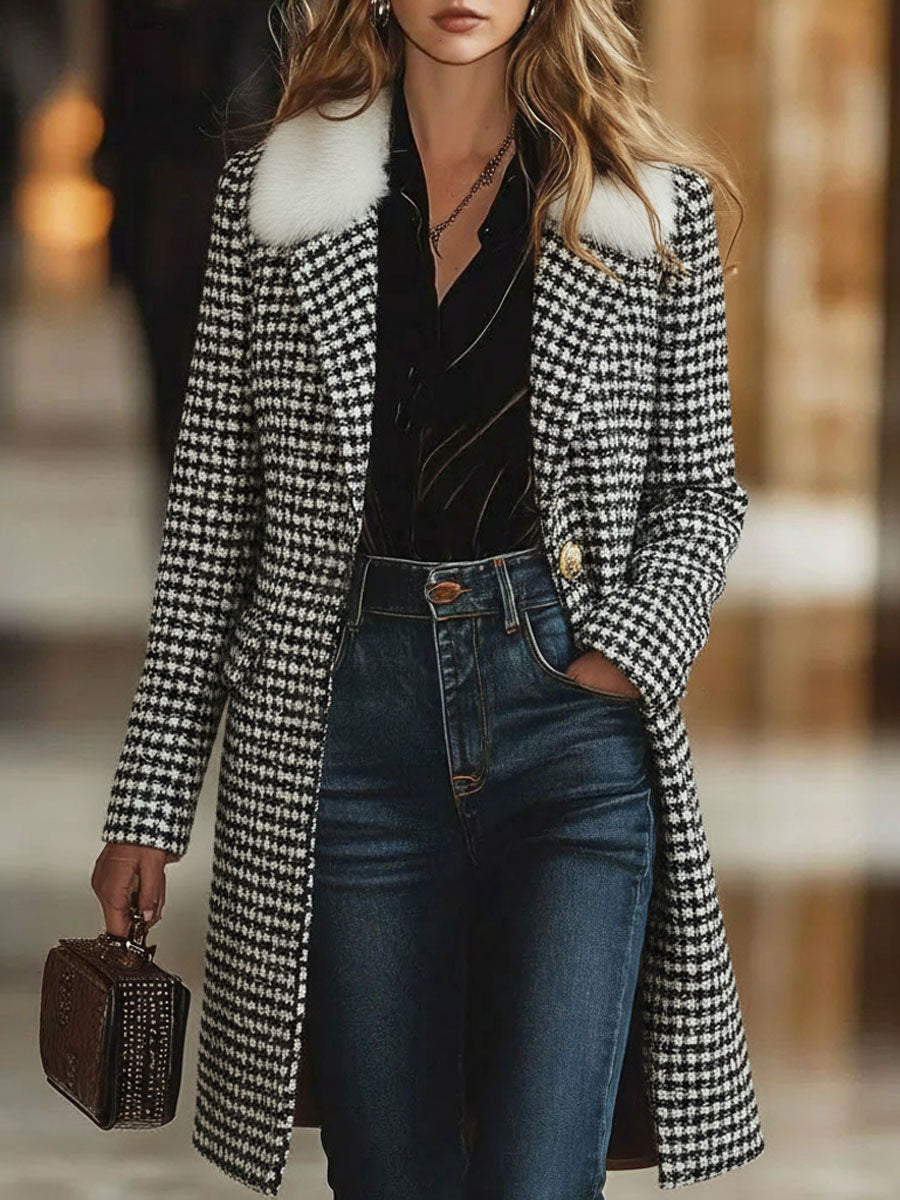 Décontracté Manteau Mi-Long en Tweed à Carreaux avec Col en Fourrure Rétro