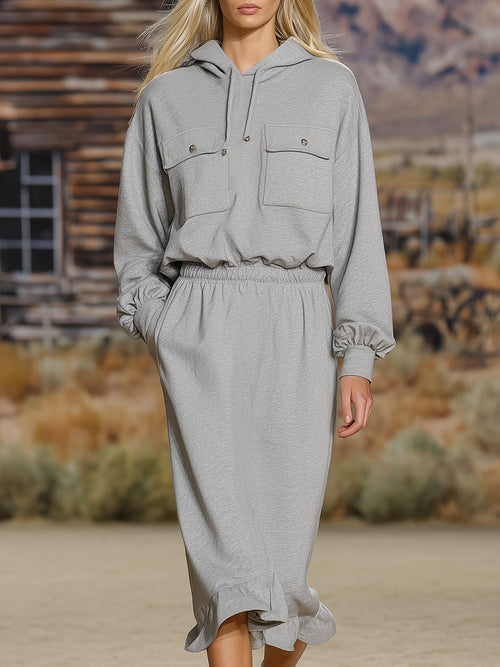 Décontracté : Robe Midi à Capuche en Gris Clair