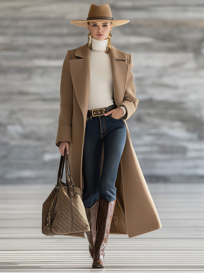 Long Retro Dark Khaki Wool Coat with Oversized Collar