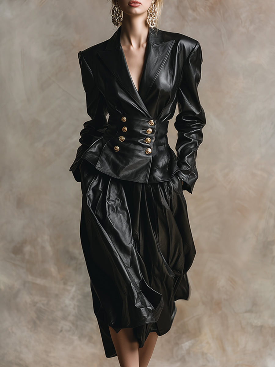 Ensemble Chic en Simili Cuir Noir : Jupe à Épaules Larges au Style Rétro