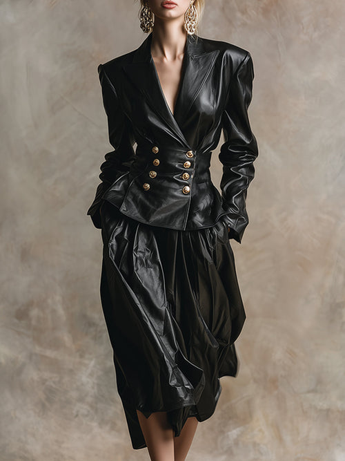 Ensemble Chic en Simili Cuir Noir : Jupe à Épaules Larges au Style Rétro