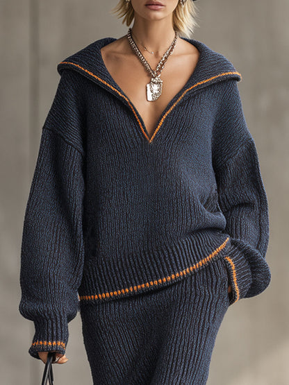 Ensemble Tricoté Chic : Sweat-Shirt Ample à Contraste et Jupe Assortie