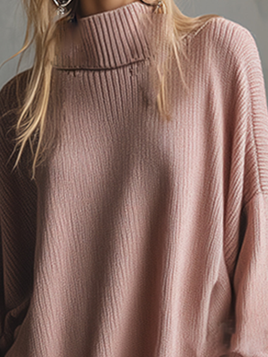 Robe Midi Élégante en Tricot Rose avec Col Montant et Ourlet Volanté