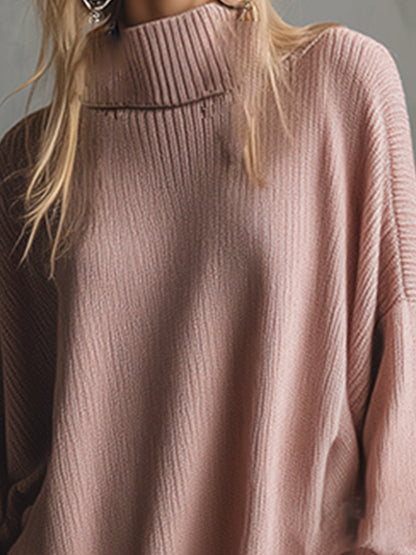 Robe Midi Élégante en Tricot Rose avec Col Montant et Ourlet Volanté