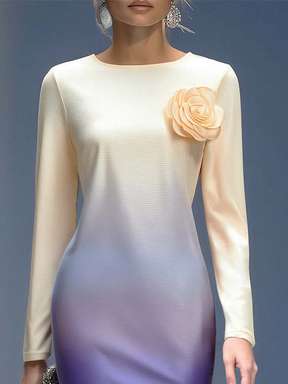 Robe Midi Élégante à Fleurs 3D en Dégradé Beige et Violet
