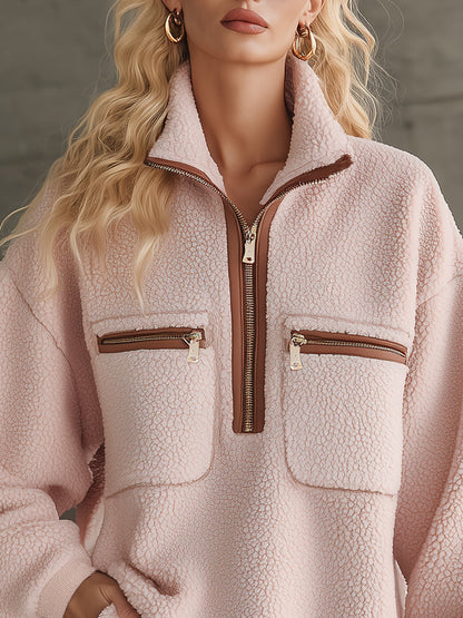 Robe Mini en Polaire Rose avec Détails Rétro en Similicuir Marron