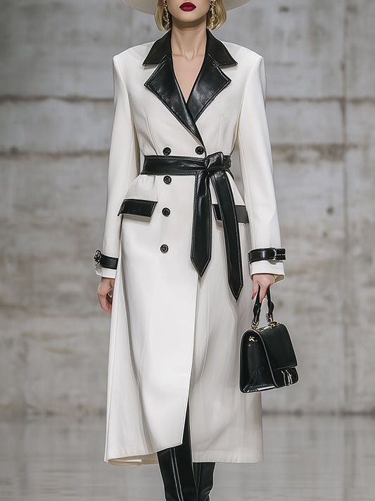 Mi-Long Manteau en Simili Cuir avec Col Chic et Coutures Contrastées