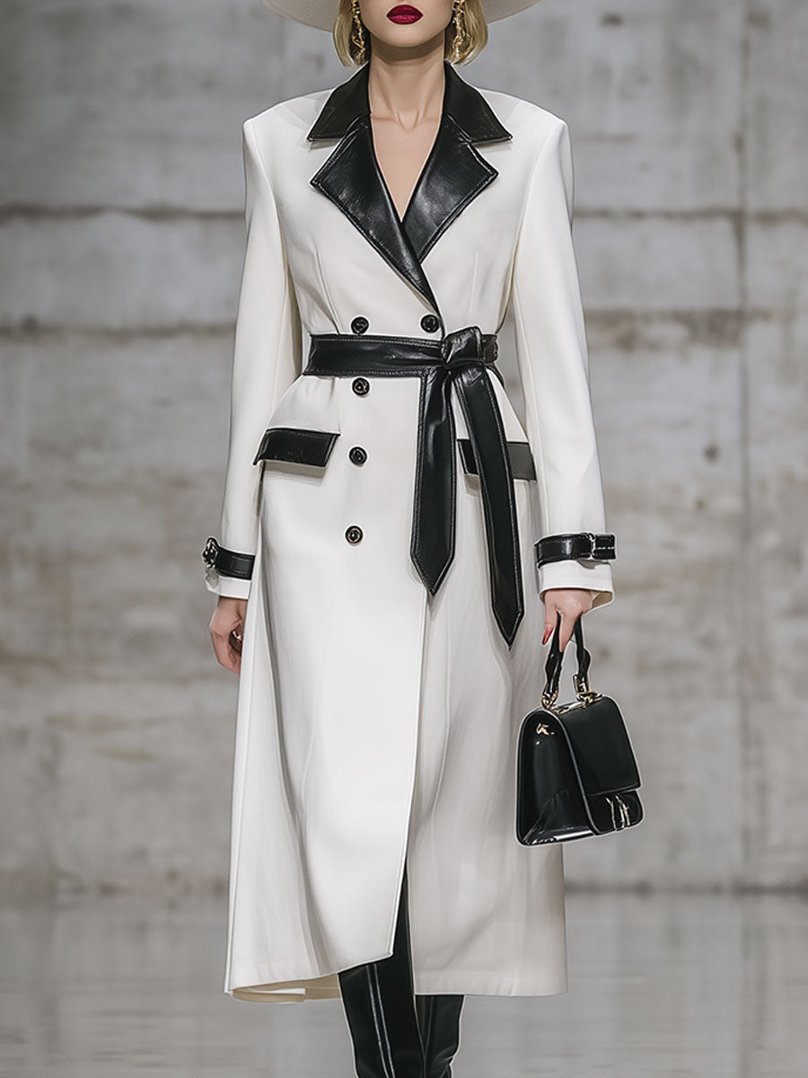 Élégant Manteau Mi-Long en Simili Cuir avec Col et Détails Blancs