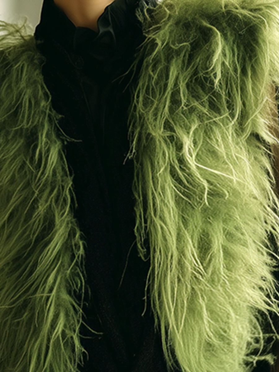 Élégant Gilet en Fausse Fourrure Vert Olive – Chic et Tendance