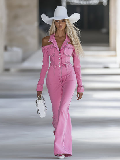 Combinaison Flare en Jean Rose Personnalisée avec Col Revers et Manches Longues Sans Épaules" 

---

Here’s a more captivating title: 

"Combinaison Flare en Jean Rose Personnalisée : Élégance Sans Épaules avec Col Revers et Manches Longues