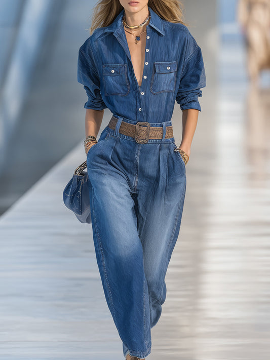 Ensemble Décontracté en Jean Bleu : Chemise et Pantalon à Jambes Larges