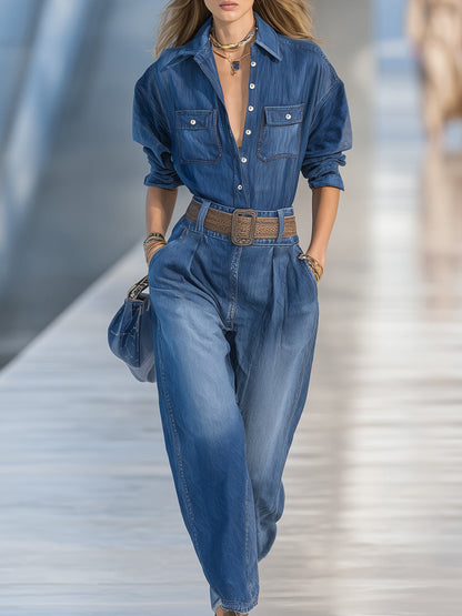 Ensemble Décontracté en Denim Bleu avec Pantalons Amples